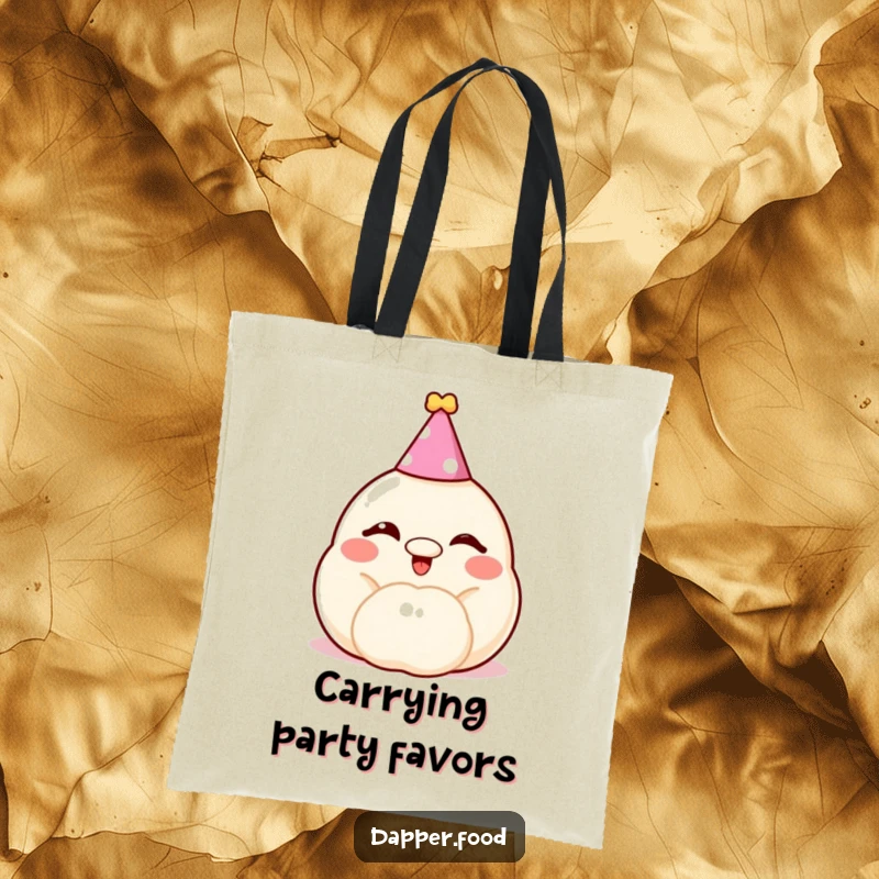 Funny dumpling tote bag, a cheerful, winking bun with a party hat, ready for festive adventures.