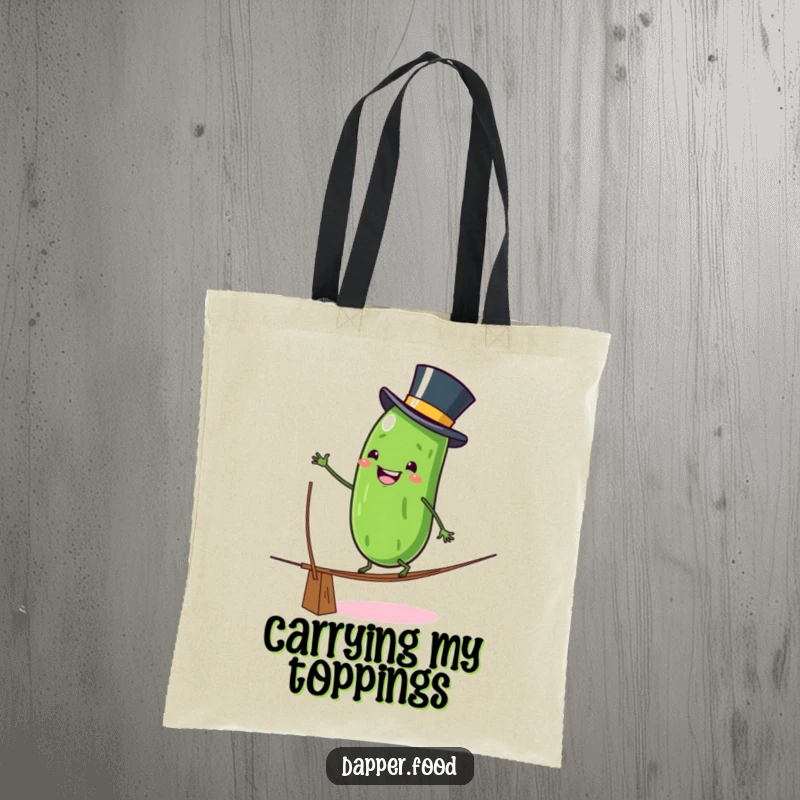 Funny Tote Bag: An anthropomorphic pickle character in a top hat wobbles on a tightrope, a unique and humorous design for carrying essentials.