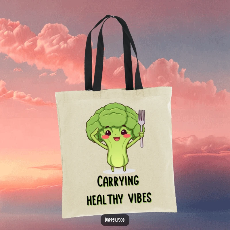 Funny tote bag featuring a proud broccoli floret character with arms, saluting with a tiny fork, for carrying essentials.