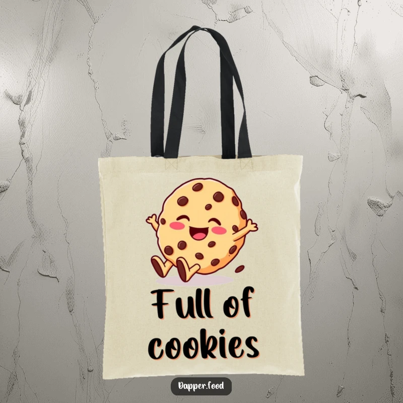 Funny tote bag depicting a giggling cookie character with chocolate chips rolling downhill with glee. A humorous and practical accessory.