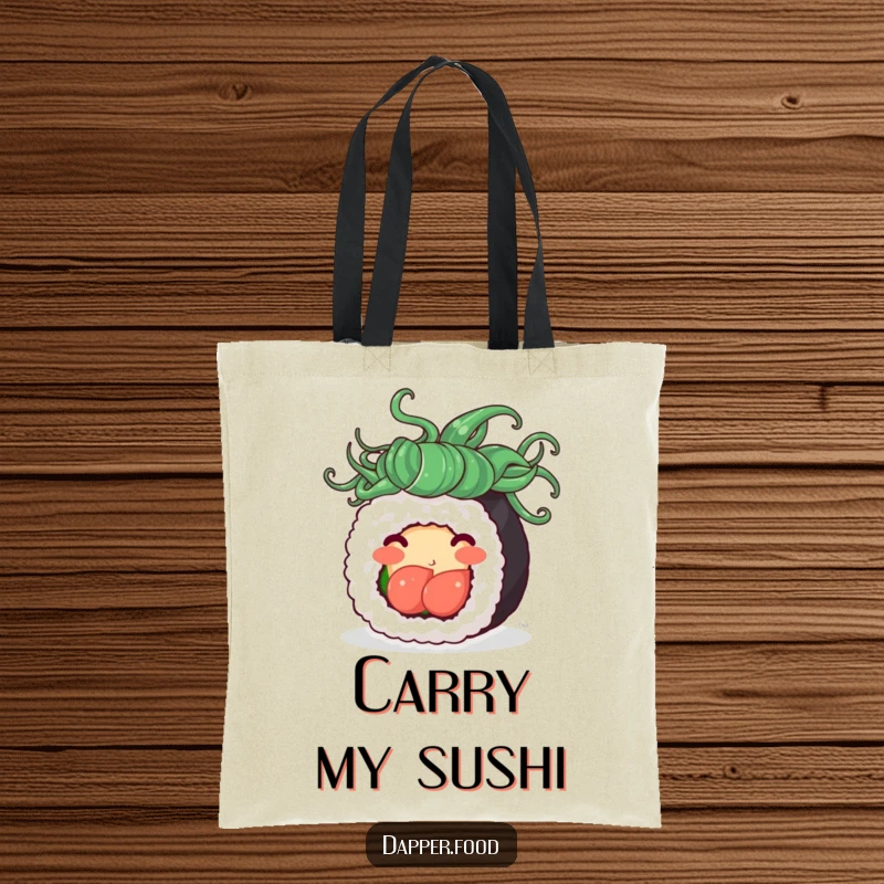 Funny tote bag with a cute sushi roll flaunting seaweed hair, spinning cheerfully, ideal for carrying groceries or daily essentials with humor.