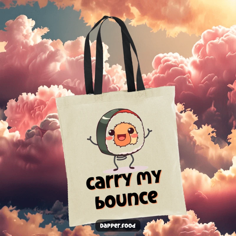 Funny tote bag with a smiling sushi roll happily bouncing on tiny spring legs, ideal for carrying items with cheerful, sushi-themed flair.