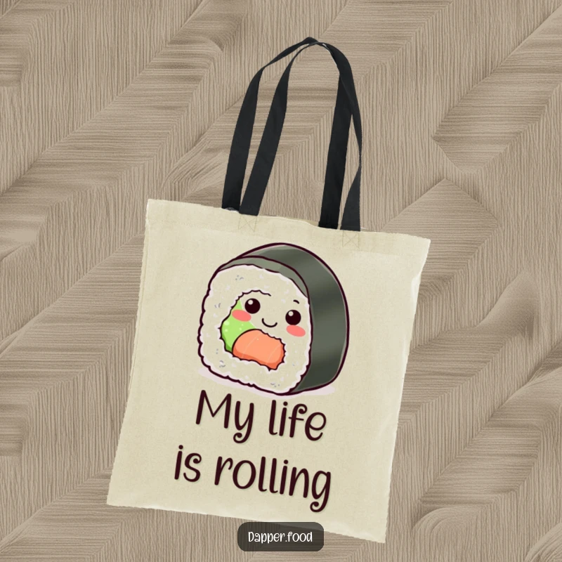 Funny Sushi Roll Tote Bag: A cheerful sushi piece rolling happily, perfect for carrying essentials with a smile.