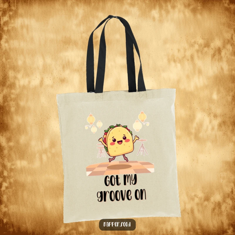 Funny Tote Bag showing a happy taco character performing a lively salsa jig with its legs.