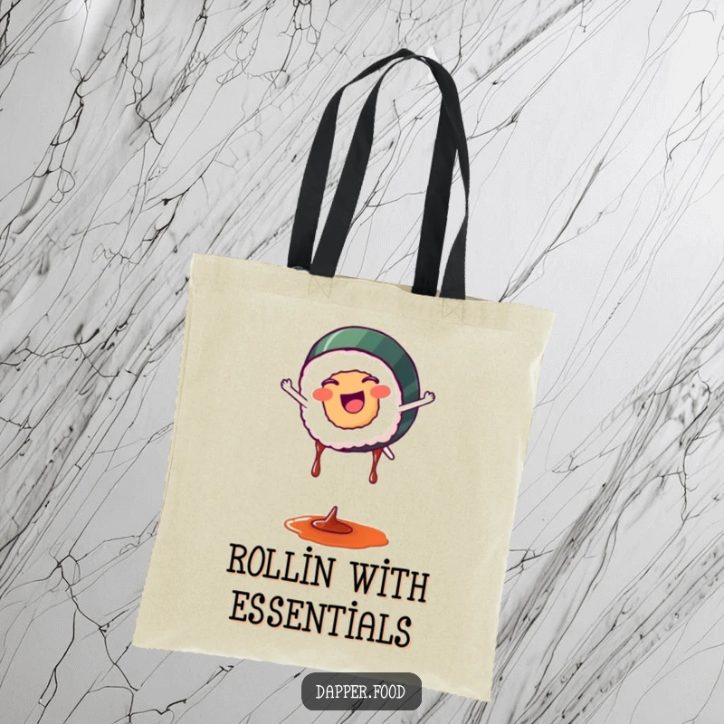 Funny sushi tote bag with a happy sushi roll performing a cartwheel, soy sauce dripping, a stylish and amusing accessory.