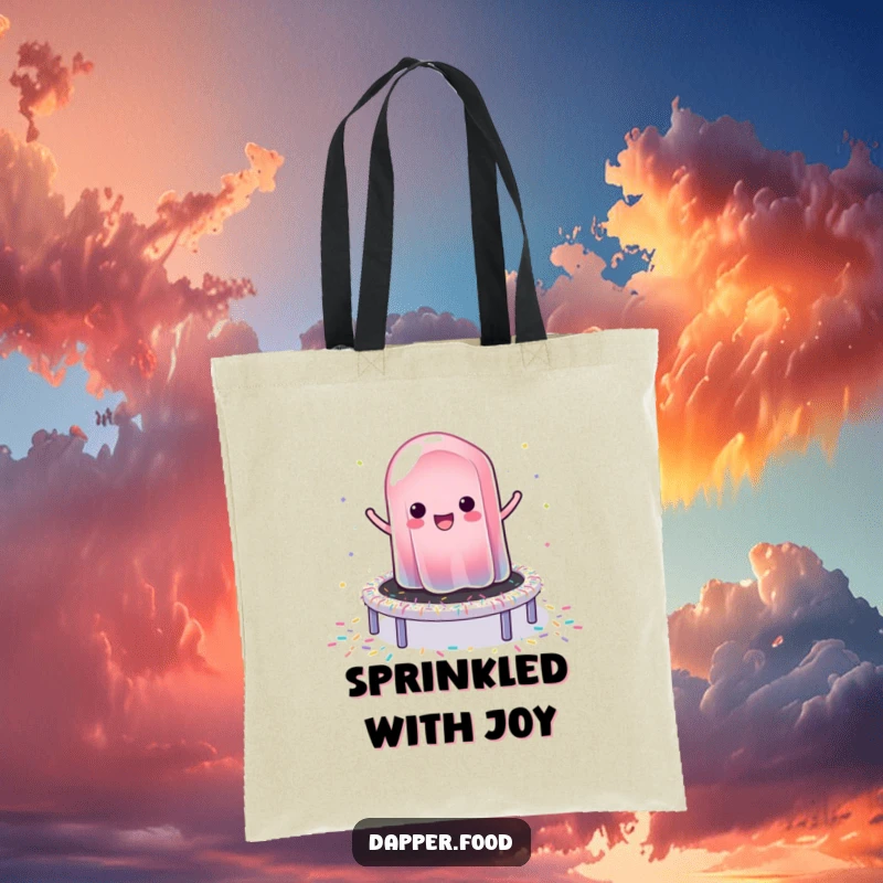 Funny tote bag illustrated with a wobbly jelly gleefully bouncing on a colorful trampoline made of sprinkles, bringing joy.
